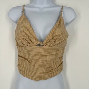 Zara Size Small Tan and Black Pinstriped Cropped Cami Top with Ruched Detail
